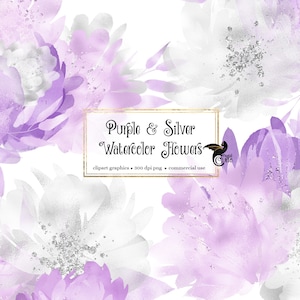 Clipart de flores em aquarela roxa e prateada - buquês de glitter cintilantes em formato PNG, download instantâneo para uso comercial