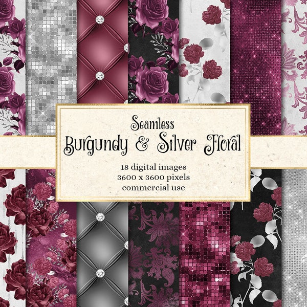 Burgundy and Silver Floral digital paper, seamless wine red rose printable scrapbook paper, rustic flower backgrounds and patterns