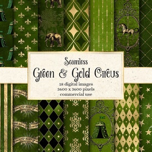 Green and Gold Circus Digital Paper, seamless vintage antique distressed grunge circus patterns printable scrapbook paper