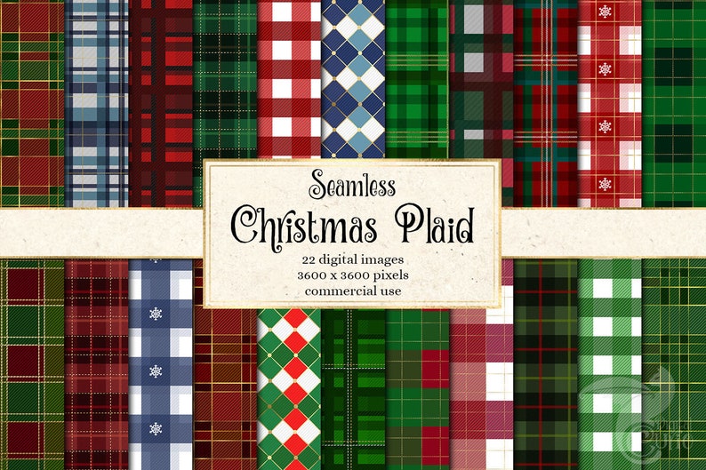 Christmas Plaid Digital Paper, seamless patterns for instant download commercial use printable scrapbook paper image 1