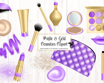 Puede incluir: Un conjunto de imágenes prediseñadas de cosméticos morados y dorados, que incluyen un pincel de maquillaje, lápiz labial, paleta de sombras de ojos y un neceser. La imagen presenta el texto "Purple & Gold Cosmetics Clipart".