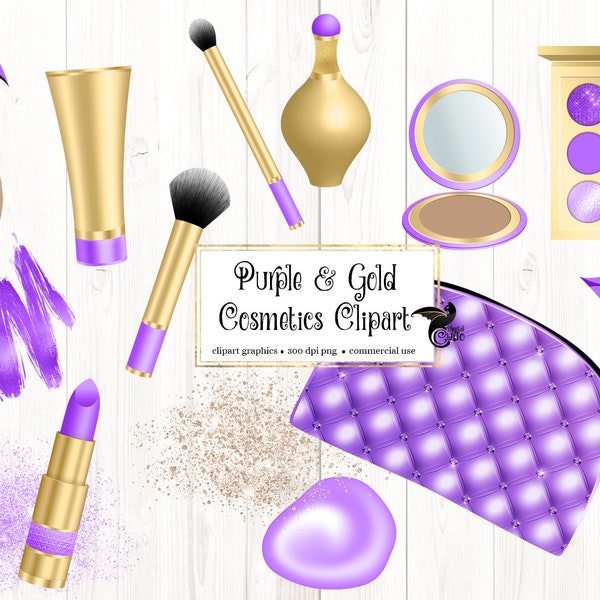 Purple and Gold Cosmetics Clip Art - digital makeup and beauty graphics in png format instant download for commercial use