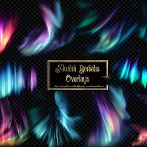Puede incluir: Colección de superposiciones digitales con representaciones vibrantes de la Aurora Boreal. Las imágenes muestran patrones arremolinados en tonos púrpura, azul, verde y amarillo sobre un fondo transparente. El texto en un marco dorado dice "Aurora Borealis Overlays".
