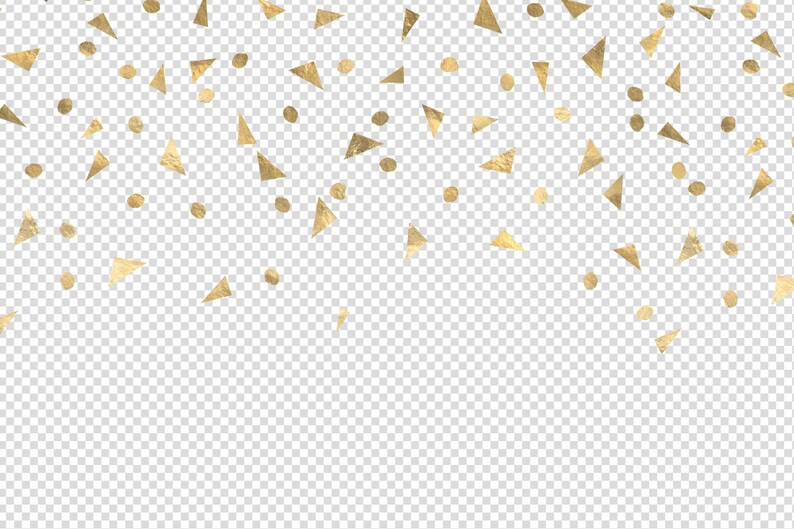 May include: Gold confetti with a mix of circles and triangles on a transparent background.
