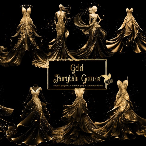 Gold Fairytale Gowns Clipart, clip art de vestido de novia de diamantes, png brillo brillante vestido gráficos descarga instantánea uso comercial