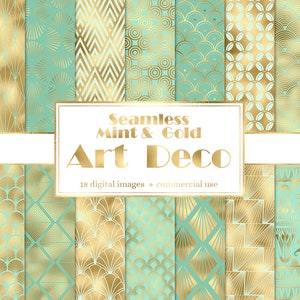 Mint und Gold Art Deco Digital Paper, nahtlose Deco Muster mit geometrischen Designs sofortiger Download für kommerzielle Nutzung