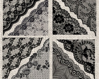 Schwarze Spitze, Ecke Clipart, viktorianischer Spitzen-Overlay (PNG Digital Download)