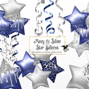 Navy Blue en Silver Star Ballonnen Clipart, glitter ballon png digitale overlays met confetti voor verjaardagen instant download commercieel gebruik