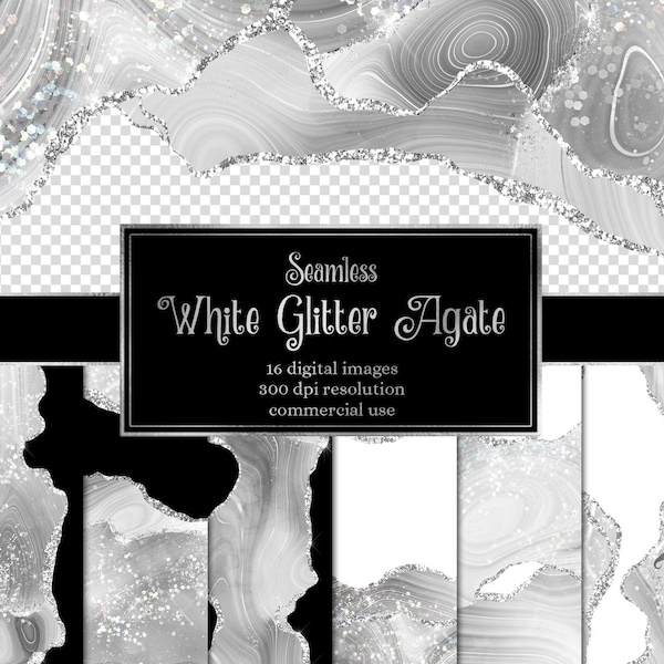 White Glitter Agate Borders, seamless digital geode PNG overlays with silver glitter for commercial use wedding invitation or web design