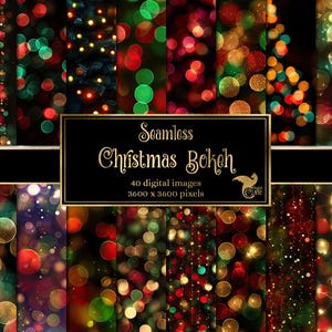 May include: A digital art collection featuring seamless Christmas bokeh backgrounds. The image showcases a variety of colorful, blurred light patterns in red, green, and gold, with a black banner that reads "Seamless Christmas Bokeh".