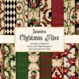 Christmas Alice Digital Paper, seamless Alice&#39;s Adventures in Wonderland digital paper and pattern tiles for commercial use