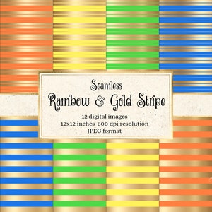 Rainbow and Gold Stripes Digital Paper - seamless rainbow luxury glam pattern backgrounds instant download for commercial use
