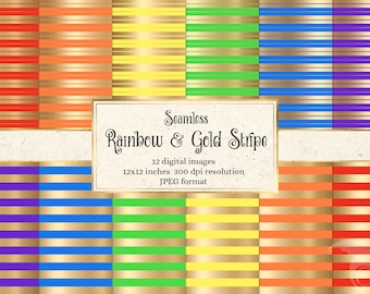 Rainbow Gold Stripe Digital Paper – Glam Seamless Patterns (Digital Download)