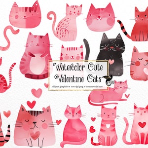 Aquarelle mignon chats de la Saint-Valentin Clipart - coeur kitty téléchargement immédiat au format PNG pour un usage commercial