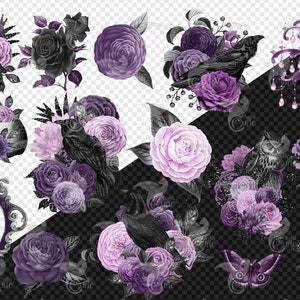 Peut inclure: Un ensemble de clipart num&eacute;rique avec des fleurs violettes et noires, des hiboux, des corbeaux, des cr&acirc;nes et un lustre. Les images sont dans un style vintage avec une esth&eacute;tique gothique.