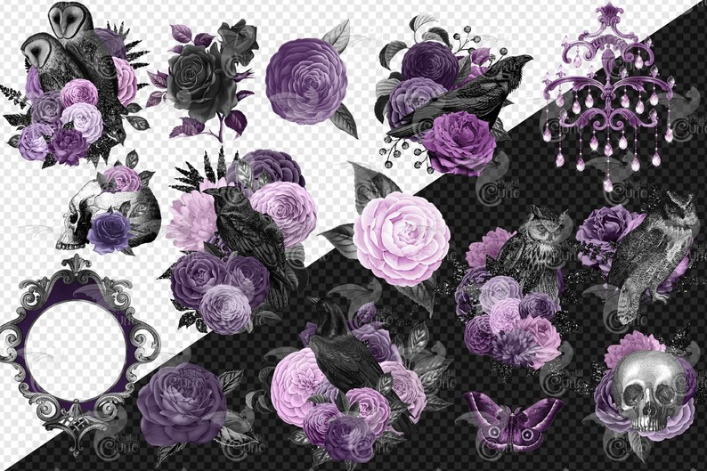Peut inclure: Un ensemble de clipart num&eacute;rique avec des fleurs violettes et noires, des hiboux, des corbeaux, des cr&acirc;nes et un lustre. Les images sont dans un style vintage avec une esth&eacute;tique gothique.