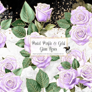 Pastel Purple and Gold Glam Rose Clip Art, digital instant download glitter flower png embellishments, pink rose, gold glitter roses