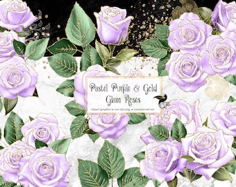 Pastel Purple and Gold Rose Clip Art, Glam Floral PNG (Digital Download)