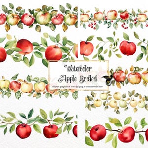 Watercolor Apple Borders Clipart - Seamless Botanical Design (PNG, Digital Download)
