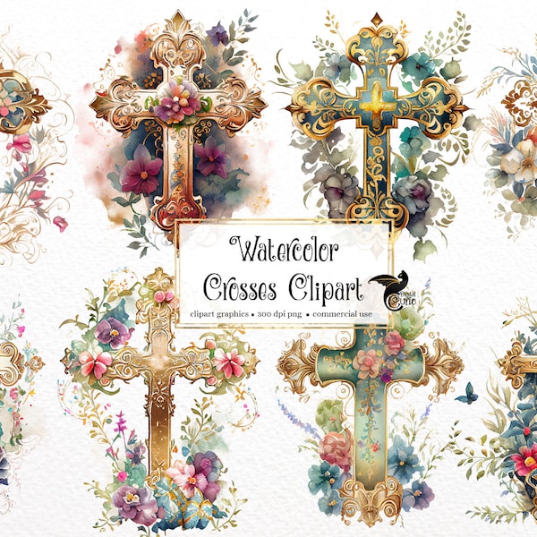 Watercolor Crosses Clipart - floral cross PNG format instant download for commercial use