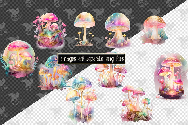 Puede incluir: Un conjunto de 10 ilustraciones de acuarela de setas coloridas con un estilo caprichoso y de cuento de hadas. Las setas se representan con diversas formas, tama&ntilde;os y texturas, y est&aacute;n rodeadas de un delicado follaje y luces brillantes. Las im&aacute;genes son perfectas para a&ntilde;adir un toque de magia a cualquier proyecto.