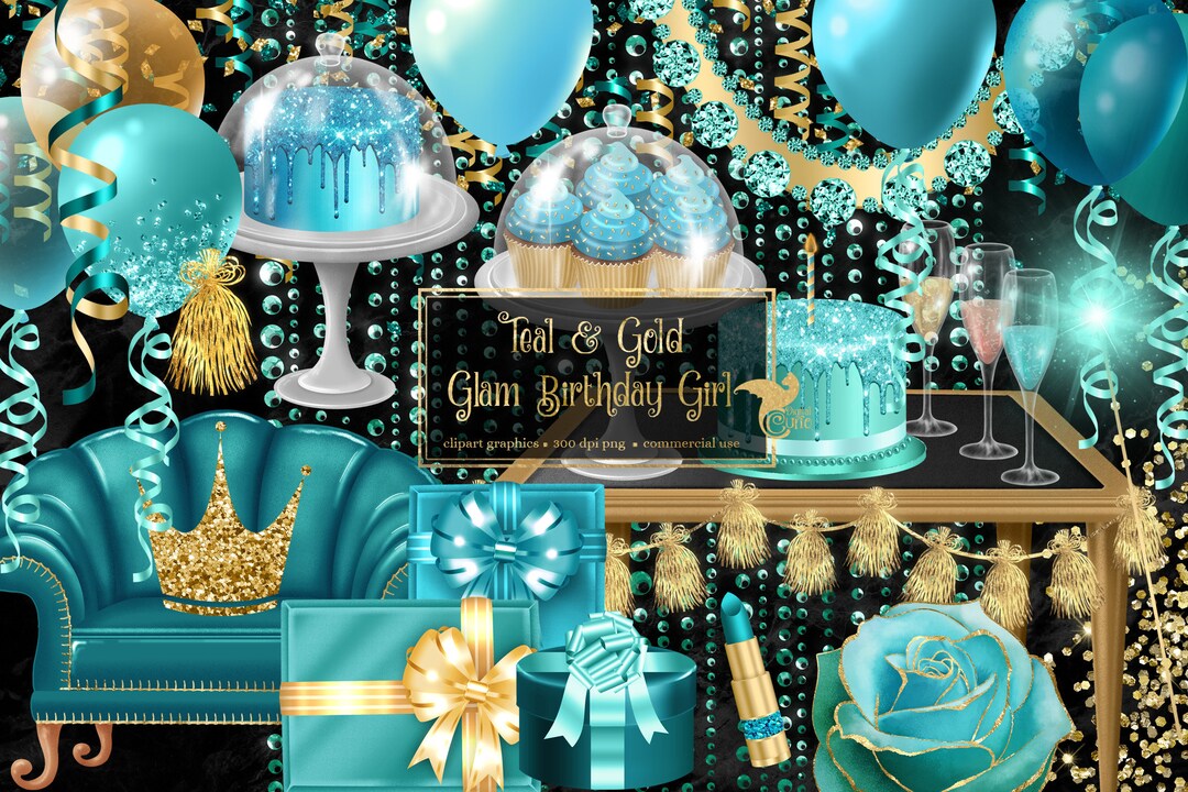 Teal and Gold Glam Birthday Girl Clip Art - Digital Party Glitter