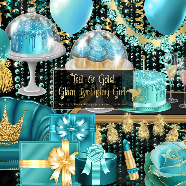 Teal and Gold Glam Birthday Girl Clip Art - digital party glitter graphics in png format instant download for commercial use