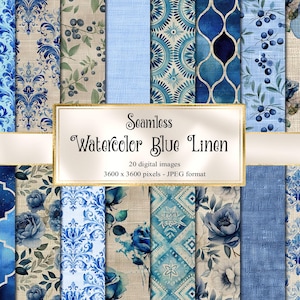 Papel digital de lino azul acuarela, papel digital de flores de damasco sin costuras, papel para álbum de recortes imprimible, fondos de tablones de madera