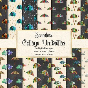 May include: A set of 18 digital seamless patterns featuring colorful collage umbrellas. The patterns are in various colors, including black, white, gold, and blue. The text "Seamless Collage Umbrellas" is displayed in the center of the image. The text "18 digital images 3600 x 3600 pixels commercial use" is displayed below the title.