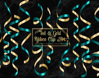 May include: Teal and gold curling ribbon clip art.  Clipart graphics, 300 dpi png, commercial use.