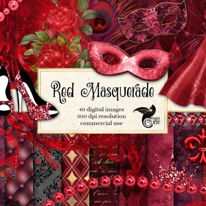 Red Masquerade Digital Scrapbook Kit, paillettes rouges mardi gras clip art et téléchargement instantané de papier numérique pour un usage commercial