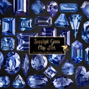 Puede incluir: Una colecci&oacute;n de gemas de zafiro azul de varias formas y cortes, incluyendo cuadrados, &oacute;valos y l&aacute;grimas. La imagen incluye el texto "Sapphire Gems Clip Art". Las gemas est&aacute;n sobre un fondo negro.