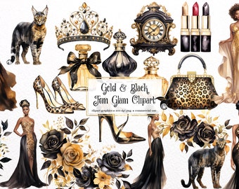 Gold and Black Fem Glam Clipart - digital png cosmetics and prom, Black queen graphics for instant download commercial use