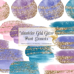 Watercolor Gold Glitter Paint Elements Clipart, brush strokes with gold glitter in PNG format for instant download commercial use