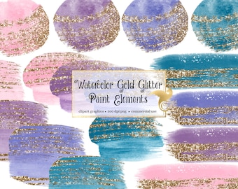 Watercolor Gold Glitter Brush Strokes Clipart (PNG, Digital Download)