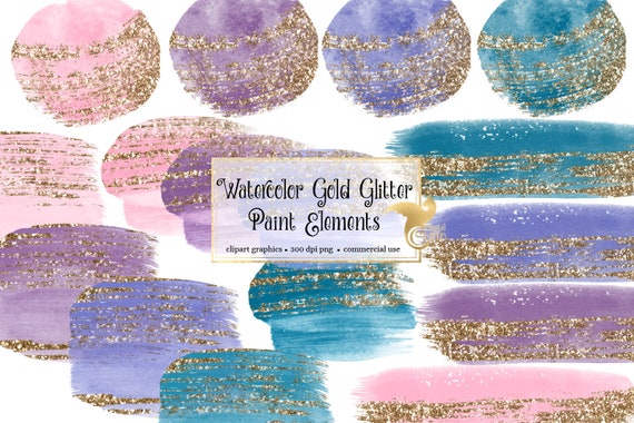 Watercolor Gold Glitter Paint Elements Clipart, Brush Strokes With Gold  Glitter in PNG Format for Instant Download Commercial Use 