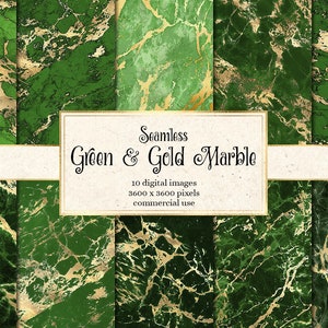 May include: Seamless green and gold marble digital paper pack. 10 digital images, 3600 x 3600 pixels, commercial use.