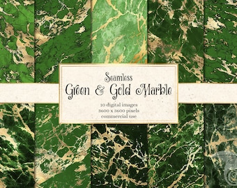 Op de afbeelding: Naadloze digitale papierset met groene en gouden marmer. 10 digitale afbeeldingen, 3600 x 3600 pixels, commercieel gebruik.
