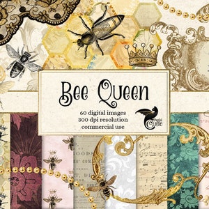 Bee Queen Digital Scrapbook Kit, vintage crown honey bee illustrations, digital backgrounds, honeycomb beehive, vintage flowers download