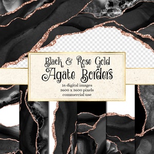 Schwarze und Rose Gold Achat Bordüren, digitale Aquarell Geode PNG Overlays mit Glitzer für die kommerzielle Nutzung in Hochzeitseinladung oder Webdesign