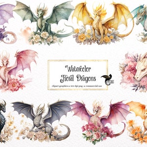 Watercolor Floral Dragon Clipart - fantasy dragons with flowers and leaves in PNG format instant download for commercial use