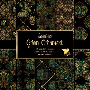 Grünes Ornament Digitales Papier, verzierte dekorative nahtlose Muster, antikes druckbares Scrapbook-Papier für den kommerziellen Gebrauch