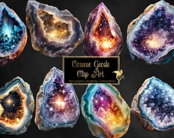 May include: Eight digital illustrations of geode crystals with a galaxy inside. The geode crystals are in various colors, including purple, blue, orange, and yellow. The text "Cosmic Geode Clip Art" is in a black box with gold trim.