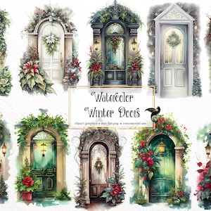 Watercolor Winter Doors Clipart - floral Christmas holiday door watercolor PNG format instant download for commercial use