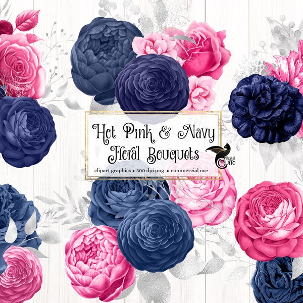 Hot Pink and Navy Floral Bouquets Clipart, digital instant download blue and silver foil wedding flower png embellishments commercial use