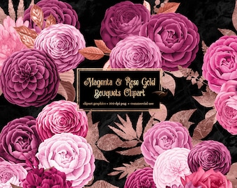 Magenta and Rose Gold Floral Bouquets Clipart, digital instant download magenta and gold glitter wedding flower png commercial use