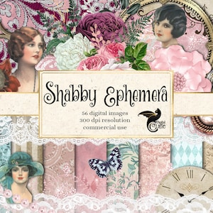 Shabby Ephemera Digital Scrapbooking Kit, chic clipart clip art romantic vintage antique tea cups, lace, embellishments digital paper