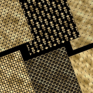 Può includere: Un set di sei motivi di carta digitale con disegni geometrici in oro e nero. I motivi includono una varietà di forme, come cerchi, quadrati e triangoli.