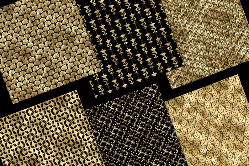 Può includere: Un set di sei motivi di carta digitale con disegni geometrici in oro e nero. I motivi includono una varietà di forme, come cerchi, quadrati e triangoli.