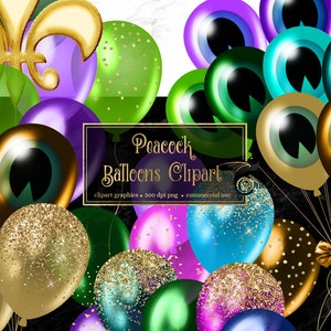 Peacock Balloons Clipart, glitter balloon png digital overlays with glitter confetti for Mardi Gras instant download commercial use